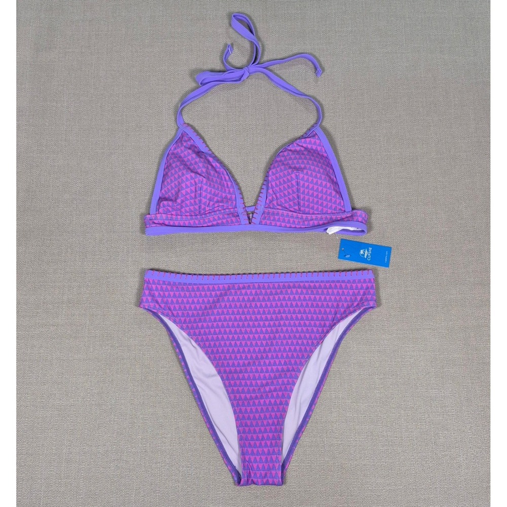 Cupshe Purple Geometric Triangle Halter High Waisted Bikini Set New L